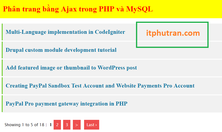 Phân trang bằng ajax trong PHP với jQuery là một công cụ không thể thiếu cho bất kỳ trang web lớn nào. Nó giúp trang web của bạn hiệu quả hơn và tốn ít bộ nhớ hơn. Hãy nhấp vào hình ảnh để khám phá các tính năng tuyệt vời của công nghệ này và áp dụng nó vào trang web của mình.