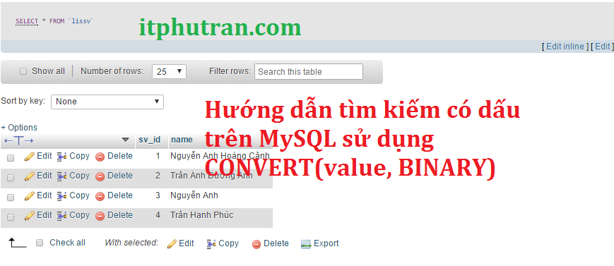 Hướng dẫn tìm kiếm có dấu trên MySQL sử dụng CONVERT(value, BINARY)